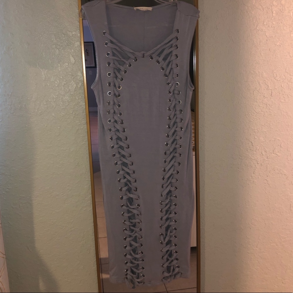 Gray lace up body con midl dress